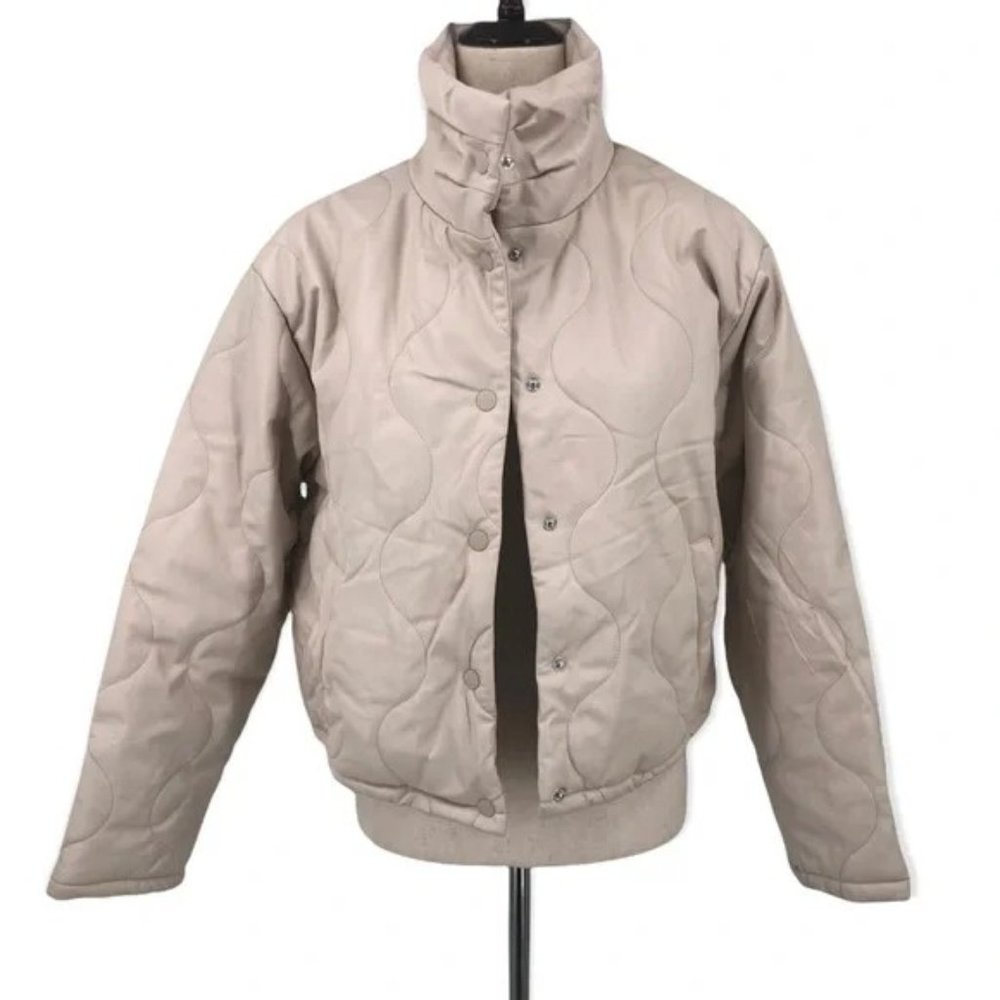 SOLD! NEW Zara Quilted Faux Ecru Leather High Neck Down Puffer Jacket Coat - Picture 3 of 9